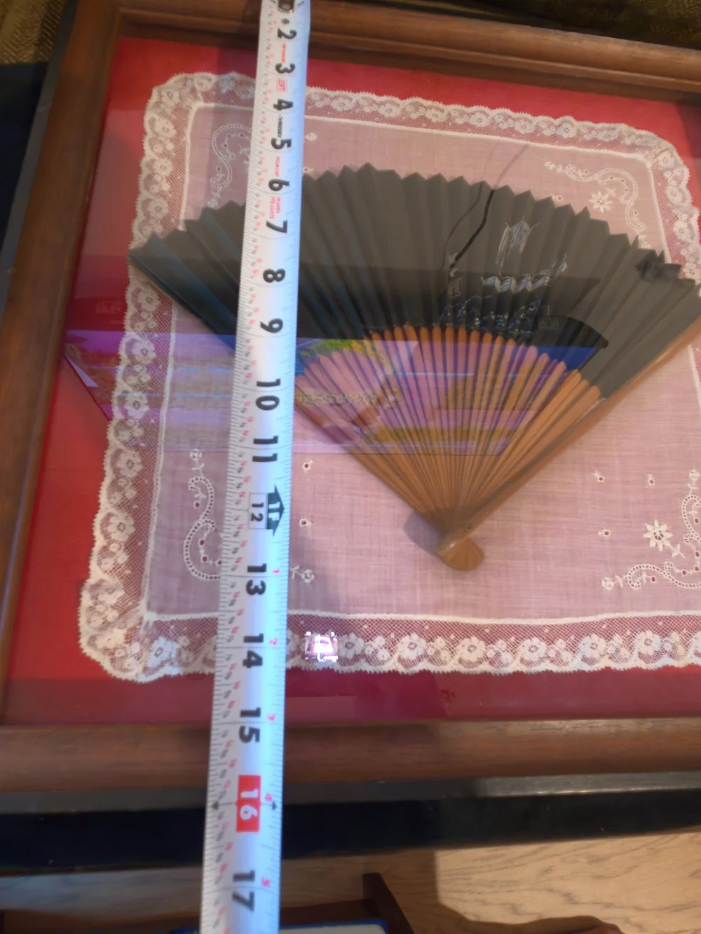 Vintage 1950's Korean painted fan and lace handkerchief in wood/glass frame
